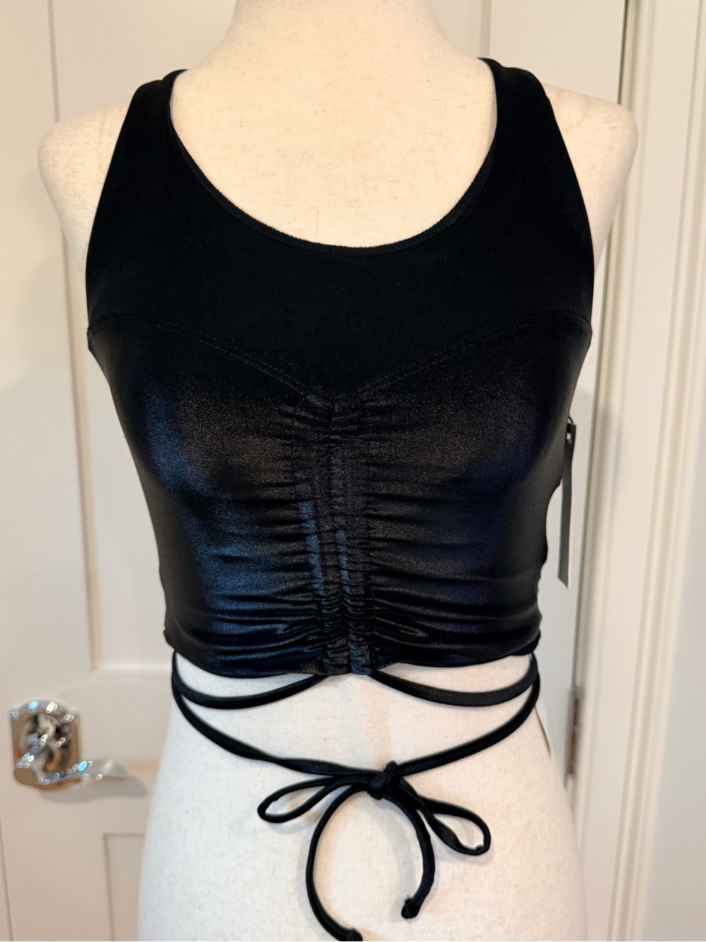 Koral Black Faux Leather Ruched Wrap Crop Top